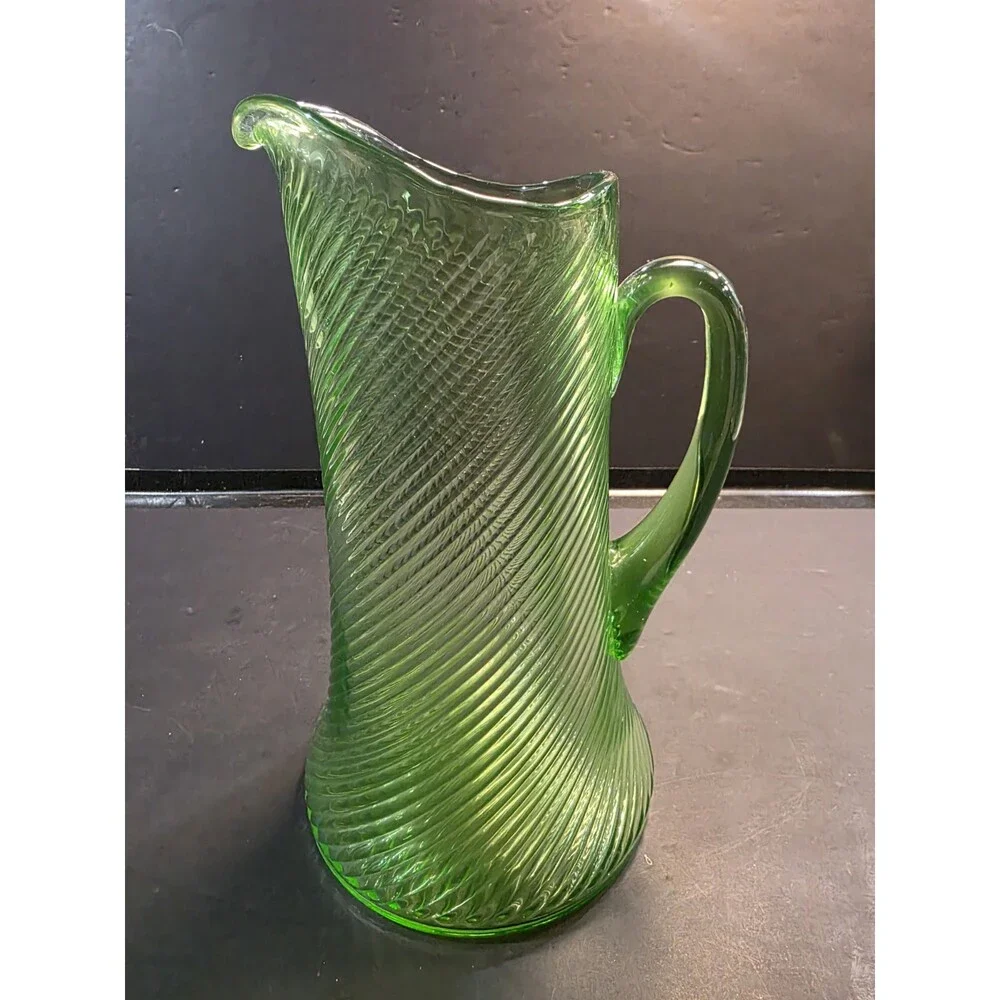 Antique Vintage Green Uranium Glass Pitcher – Diagonal Spiral Swirl Optic Ribbed